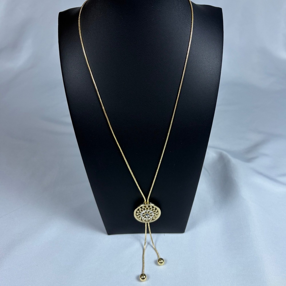 Liz Claiborne Gold Tone Crystal Medallion Long Slider Lariat Necklace NEW